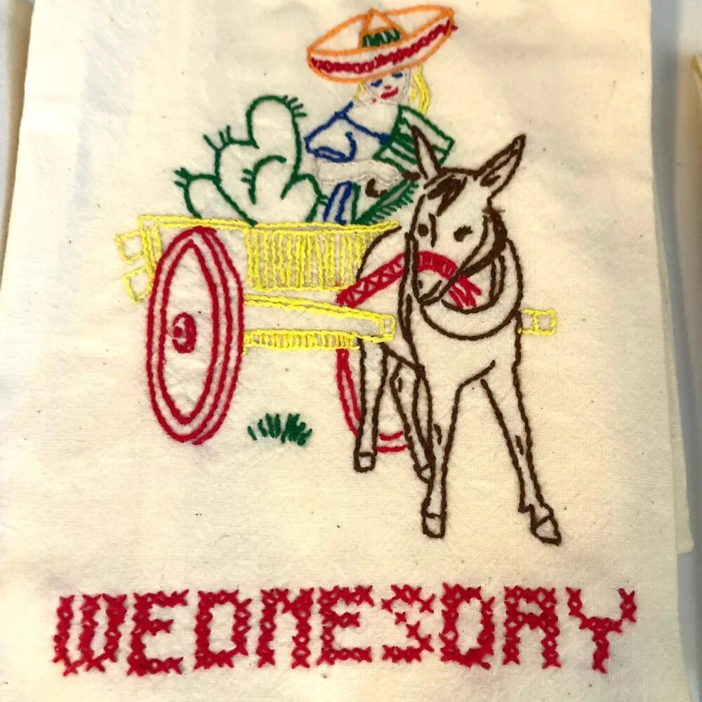 Set of 7 Vint 60s Collectible Embroidered Tea Towels Mexican Design Days Of Week